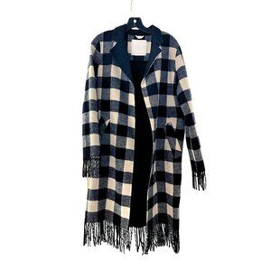 Sosken Buffalo Check Plaid Fringe Duster Wool Coat